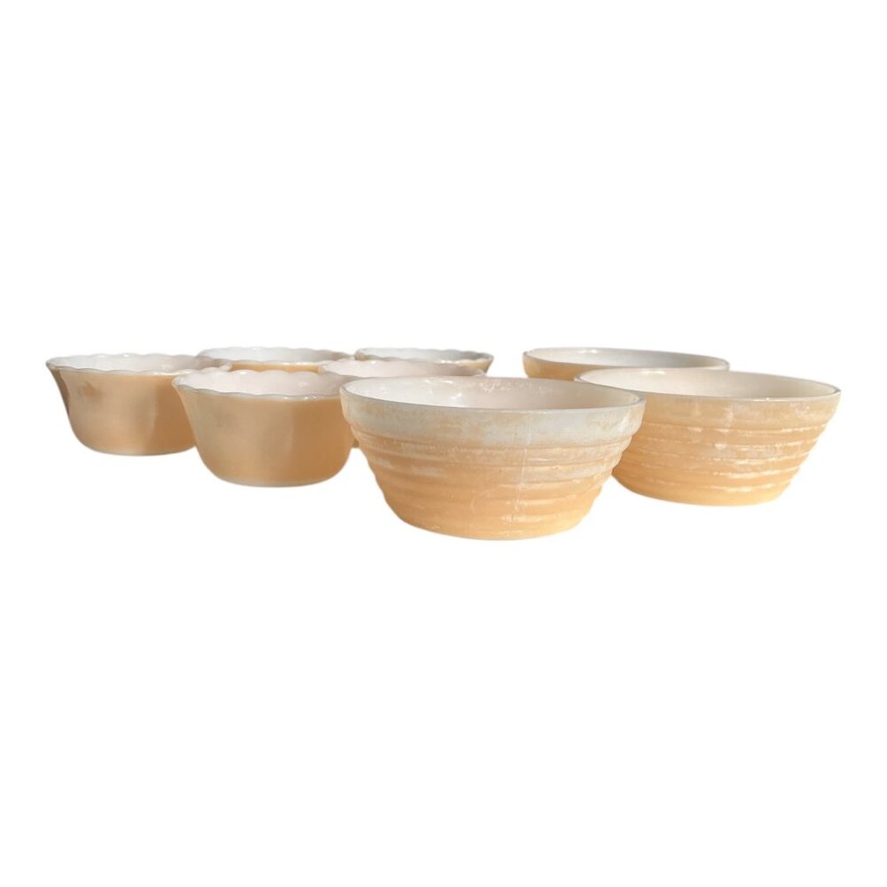 Mid Century Fire-King Peach Lustre Beehive Soup Bowls and Custard Cups Set